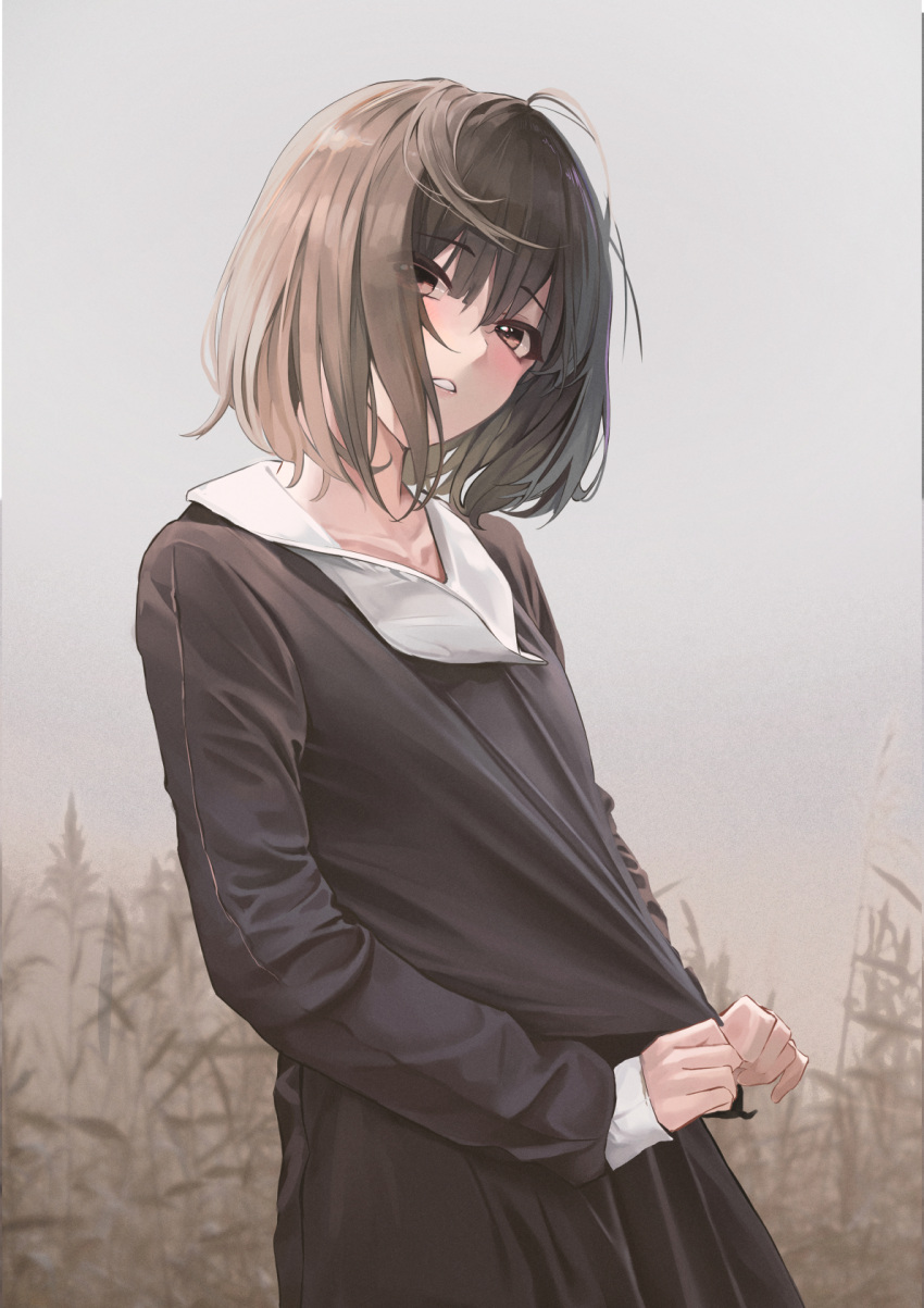 1girl bangs black_shirt black_skirt brown_eyes brown_hair collarbone grey_background hair_over_one_eye highres long_sleeves looking_at_viewer open_mouth original parted_lips pray_(furei) shirt short_hair skirt solo