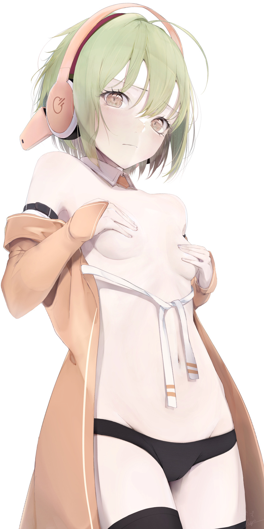 1girl absurdres bangs black_panties black_thighhighs blush breasts brown_eyes chunithm closed_mouth covering covering_breasts cowboy_shot detached_collar frown green_hair headphones heart heart_in_eye highres kisaragi_yaya long_sleeves looking_at_viewer navel panties short_hair simple_background sky_feather sleeves_past_wrists small_breasts solo stomach symbol_in_eye thighhighs topless underwear white_background
