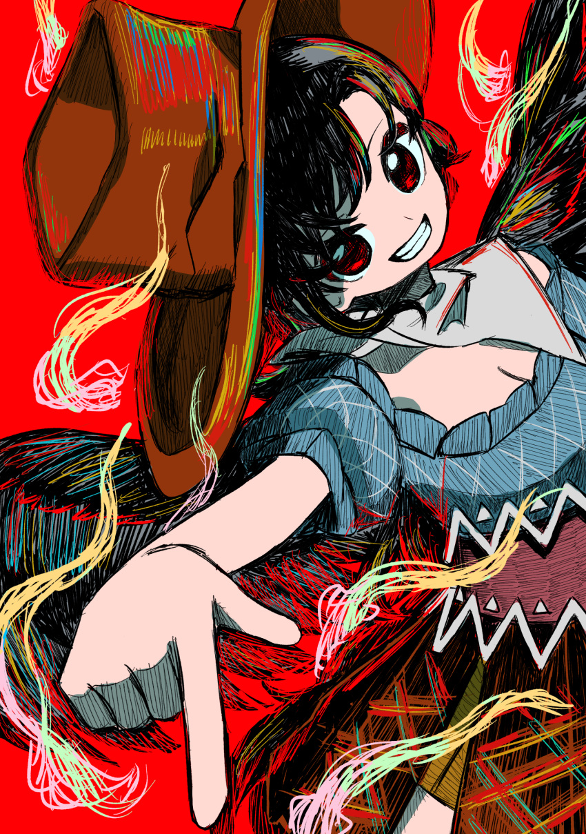 1girl bandana bangs black_dress black_hair black_wings blue_shirt breasts cleavage clenched_teeth cowboy_hat dress from_above hat hatching_(texture) highres kurokoma_saki looking_at_viewer neruzou pointing pointing_down red_background red_eyes shirt solo teeth touhou white_bandana wings