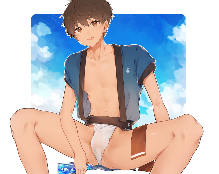 1boy :d absurdres abura_(euph4387) bangs bare_legs between_legs blush bottle brown_eyes brown_hair bulge collarbone day fundoshi groin hand_between_legs happi highres holding holding_bottle japanese_clothes looking_at_viewer male_focus navel nipples open_clothes original outdoors outside_border short_hair short_sleeves sitting smile solo spread_legs towel towel_on_legs water_bottle