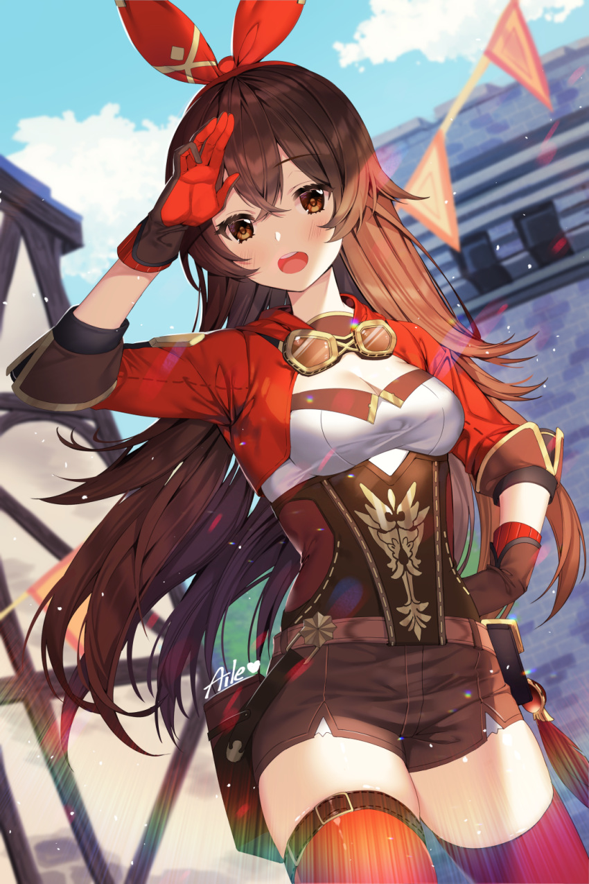 1girl :d aile_(crossroads) amber_(genshin_impact) arm_up blue_sky blush breasts brown_eyes brown_hair brown_shorts cleavage cloud commentary_request day genshin_impact gloves goggles goggles_around_neck hair_ribbon hairband highres hood hood_down long_hair looking_at_viewer medium_breasts outdoors pennant red_gloves red_hairband red_ribbon red_thighhighs ribbon salute short_shorts shorts shrug_(clothing) sky smile solo string_of_flags thighhighs very_long_hair