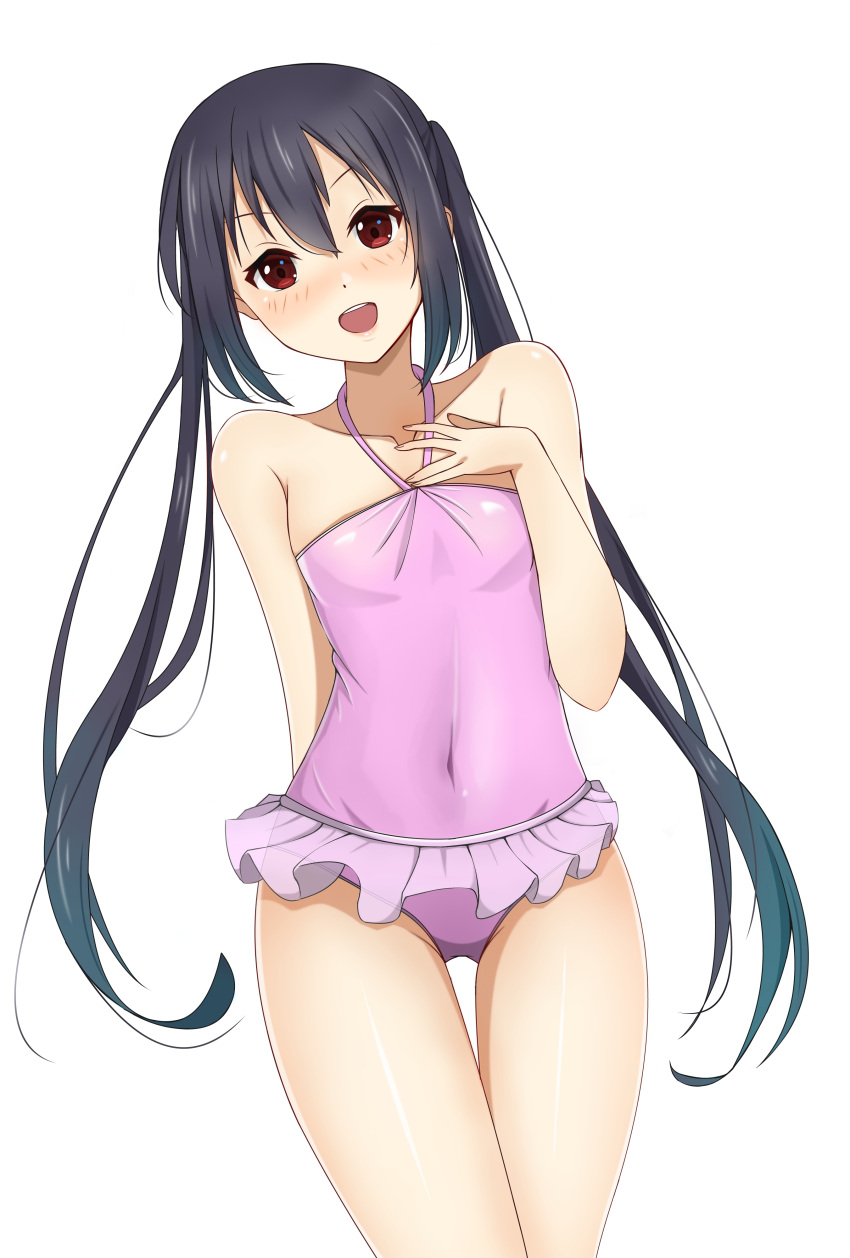 1girl absurdres bangs black_hair breasts brown_eyes casual_one-piece_swimsuit cowboy_shot hair_between_eyes highres k-on! long_hair nakano_azusa one-piece_swimsuit pink_one-piece_swimsuit sidelocks simple_background small_breasts solo swimsuit swimsuit_skirt twintails white_background yasuc