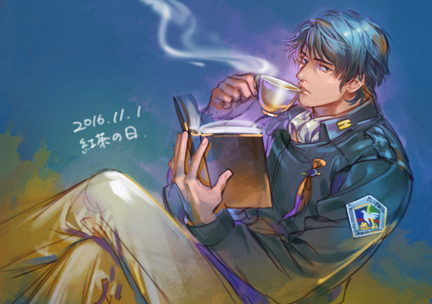 1boy akakokko_(niro_azarashi) blue_hair book crossed_legs cup dated drinking ginga_eiyuu_densetsu highres holding holding_book holding_cup long_sleeves looking_at_viewer short_hair smoke yang_wen-li