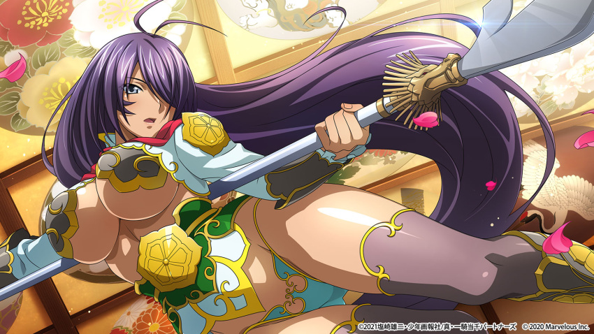 1girl alternate_costume antenna_hair blue_panties bra breasts grey_bra grey_eyes grey_thighhighs hair_over_one_eye highres holding holding_polearm holding_weapon ikkitousen indoors kan'u large_breasts long_hair long_sleeves official_art open_mouth panties polearm purple_hair shiny shiny_clothes shiny_hair shiny_legwear shiny_skin shrug_(clothing) solo thighhighs underwear very_long_hair weapon