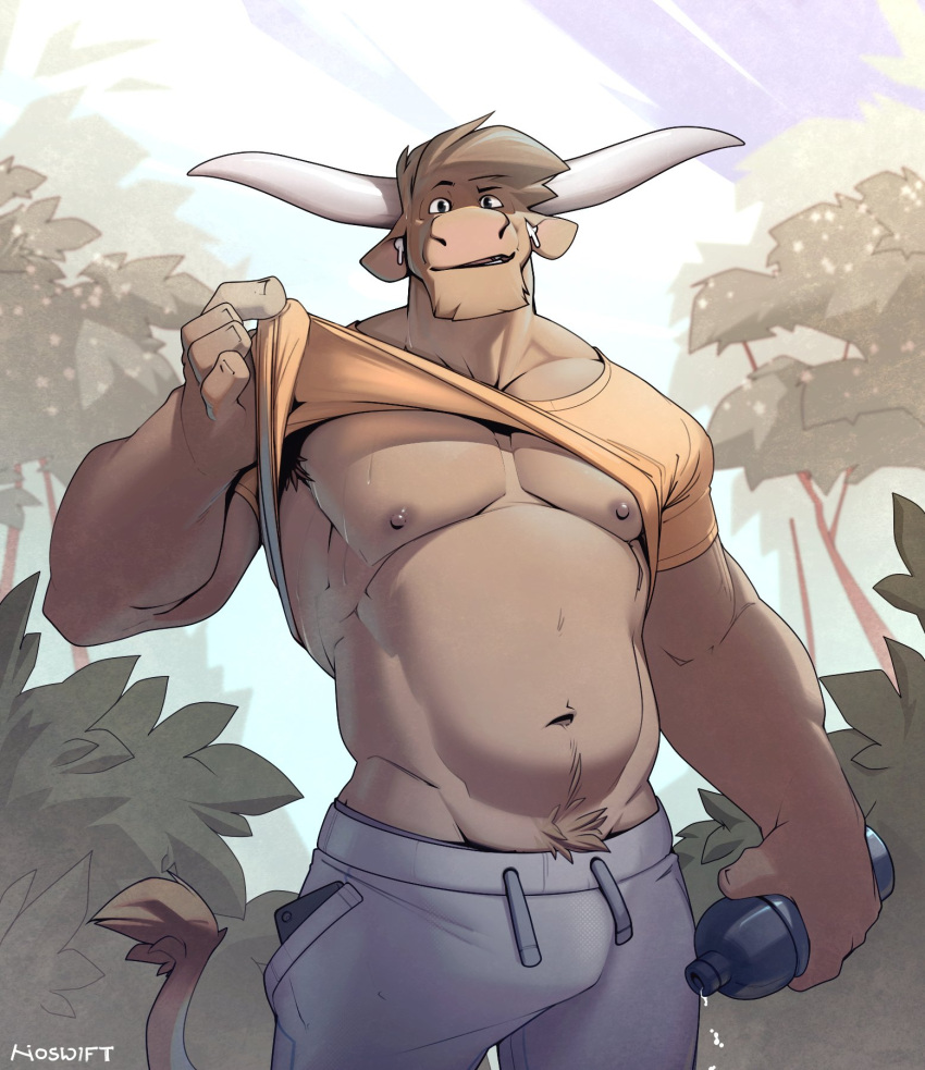 2021 anthro armpit_hair biceps body_hair bottomwear bovid bovine cattle clothed clothing clothing_lift drawstring forearm_muscles hi_res looking_at_viewer male mammal muscular navel nipples no_swift pants pecs plant sagging_pants shirt shirt_lift solo topwear tree water_bottle