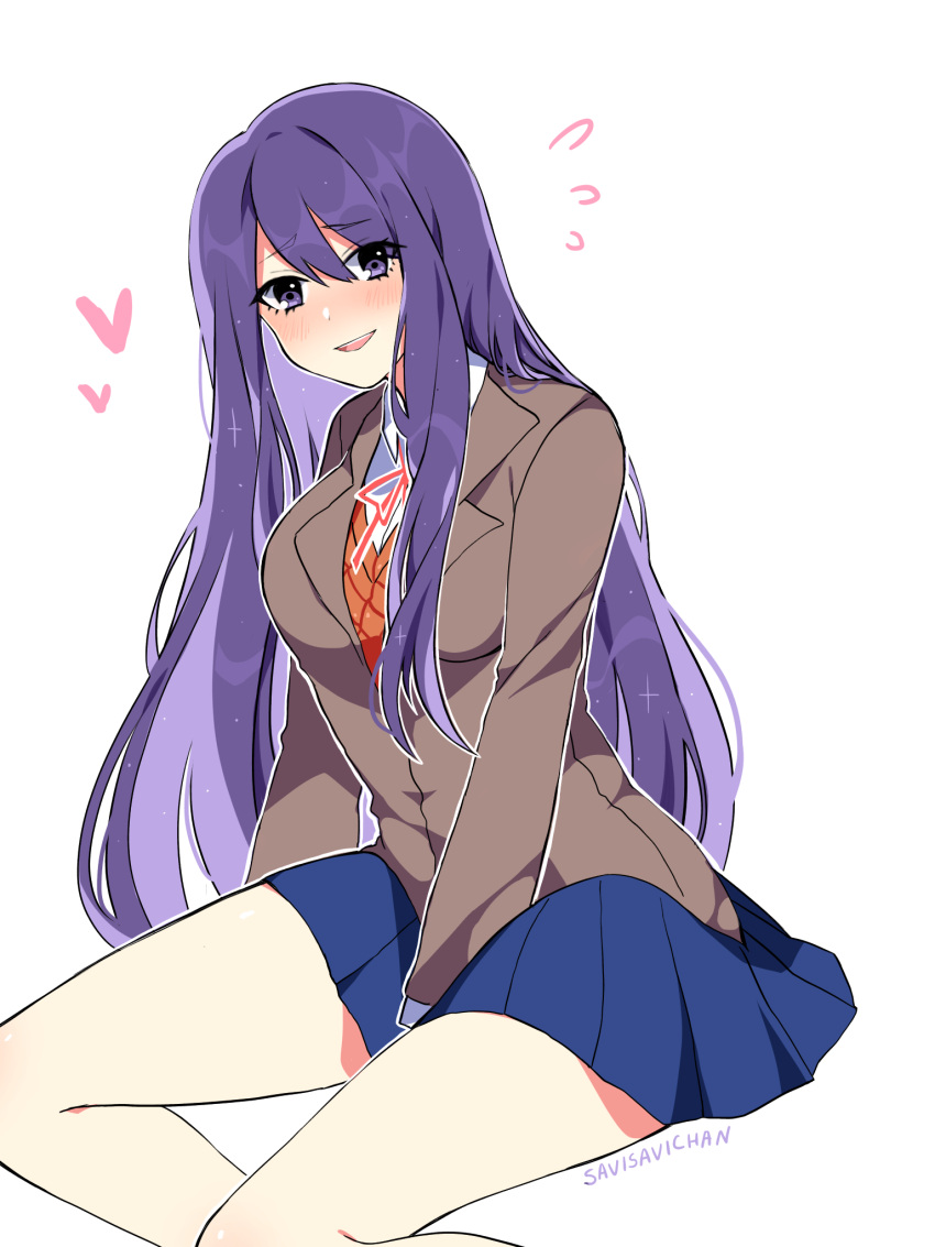 1girl :d artist_name bad_id bad_tumblr_id between_legs blue_skirt blush doki_doki_literature_club eyes_visible_through_hair hair_between_eyes hand_between_legs heart highres jacket long_hair looking_at_viewer no_hairclip open_mouth outline pleated_skirt purple_eyes purple_hair savi_(byakushimc) school_uniform simple_background sitting skirt smile solo very_long_hair white_background white_outline yuri_(doki_doki_literature_club)