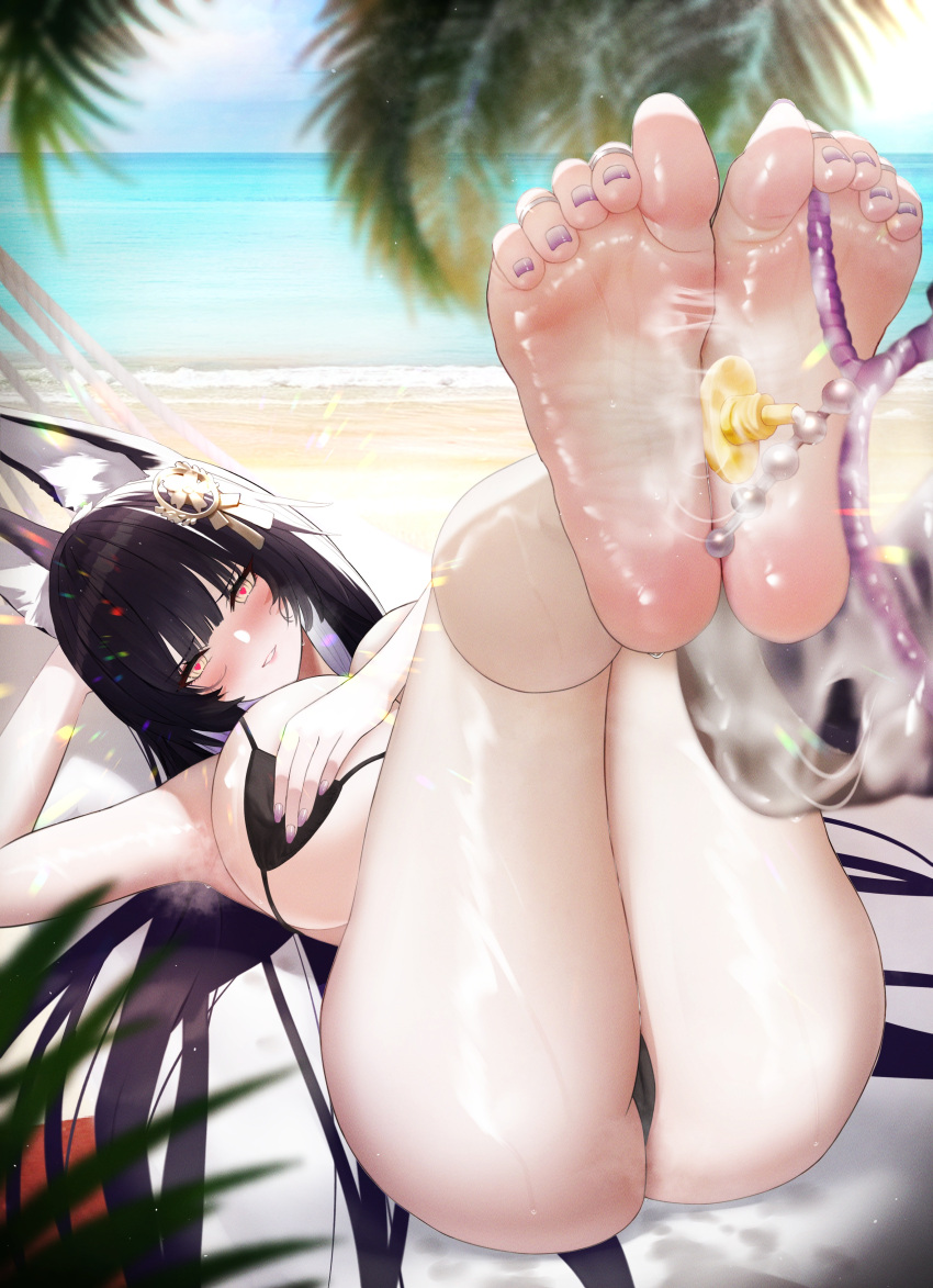 1girl absurdres animal_ear_fluff animal_ears ass azur_lane barefoot between_toes bikini black_hair breast_hold breasts commission feet foot_focus foreshortening fox_ears hair_ornament highres huge_breasts legs looking_at_viewer lotion musashi_(azur_lane) nail_polish purple_nails skeb_commission soles suggestive_fluid sunscreen swimsuit thighs toe_scrunch toenail_polish toenails toes ursica