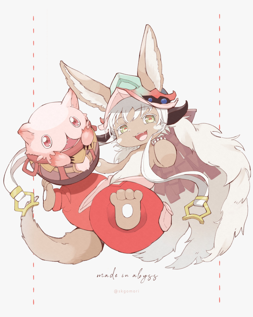 2others :3 :d animal_ears brown_fur commentary_request copyright_name ears_through_headwear fake_horns fangs full_body furry grey_background grey_hair hand_up helmet highres horizontal_pupils horned_helmet horns in_container in_pot mitty_(made_in_abyss) multiple_others nanachi_(made_in_abyss) negomori open_mouth pants pink_eyes pouch puffy_pants red_pants red_pupils short_hair smile tail topless twitter_username whiskers yellow_eyes
