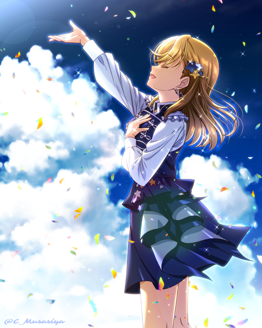 1girl :d arm_up blue_skirt blue_sky blue_vest brown_hair closed_eyes cloud earrings floating_hair from_side highres jewelry lens_flare long_hair long_sleeves love_live! love_live!_superstar!! miniskirt musashiya_chougenbou open_mouth profile shibuya_kanon shiny shiny_hair shirt skirt sky smile solo sparkle standing twitter_username vest white_shirt