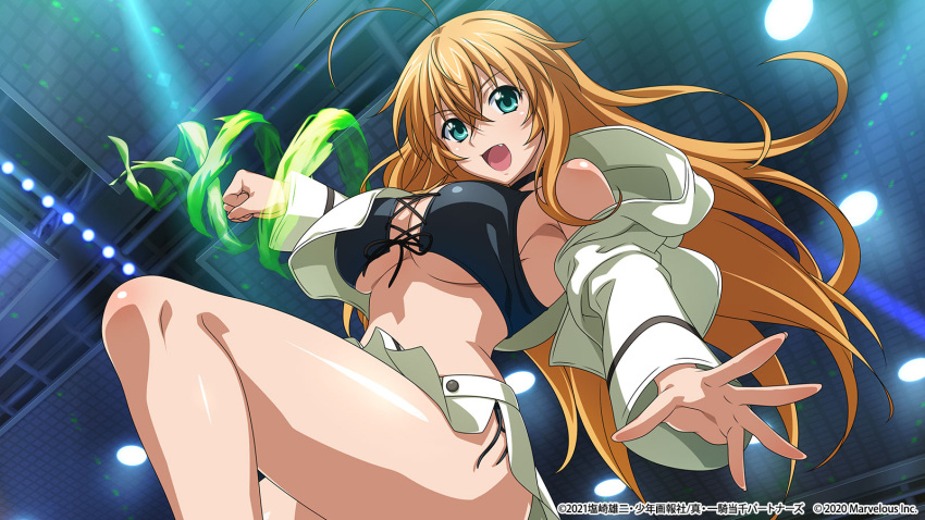 1girl :d alternate_costume antenna_hair armpits bangs black_bra blonde_hair blush bra breasts cleavage clenched_hand fang floating_hair from_below green_eyes hair_between_eyes highres ikkitousen jacket large_breasts long_hair miniskirt official_art open_clothes open_jacket open_mouth outstretched_hand shiny shiny_hair shiny_skin skirt smile solo sonsaku_hakufu straight_hair underboob underwear very_long_hair white_skirt
