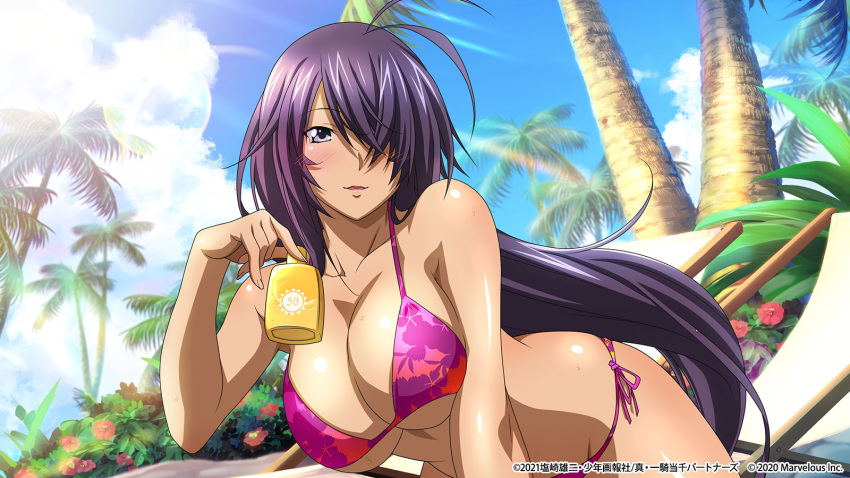 1girl antenna_hair bare_arms bikini blue_sky blush breasts cleavage cloud collarbone day floating_hair grey_eyes hair_over_one_eye highres holding ikkitousen kan'u large_breasts long_hair official_art open_mouth outdoors palm_tree print_bikini purple_bikini purple_hair shiny shiny_hair shiny_skin side-tie_bikini_bottom sideboob sky solo summer sunlight swimsuit tree underboob very_long_hair