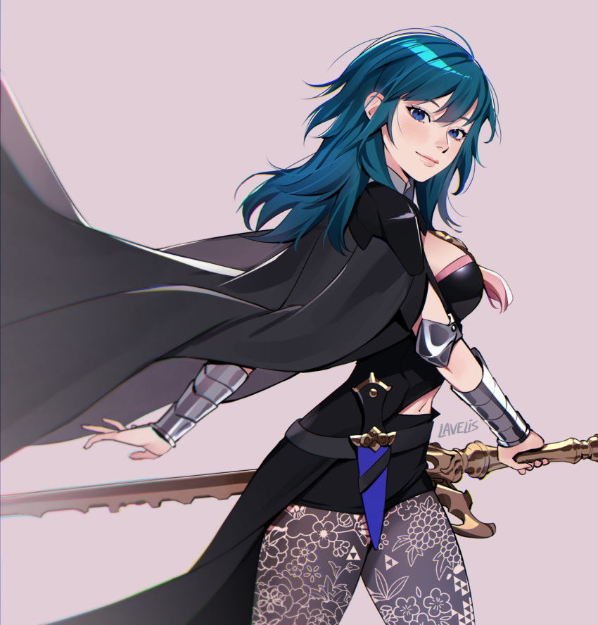 1girl artist_name bangs belt black_belt black_cape black_pantyhose black_shorts blue_eyes blue_hair breasts byleth_(fire_emblem) byleth_(fire_emblem)_(female) cape closed_mouth clothing_cutout dagger fire_emblem fire_emblem:_three_houses highres holding holding_sword holding_weapon knife lavelis lips long_hair looking_at_viewer medium_breasts navel navel_cutout pantyhose sheath sheathed short_shorts shorts simple_background smile solo sword sword_of_the_creator weapon