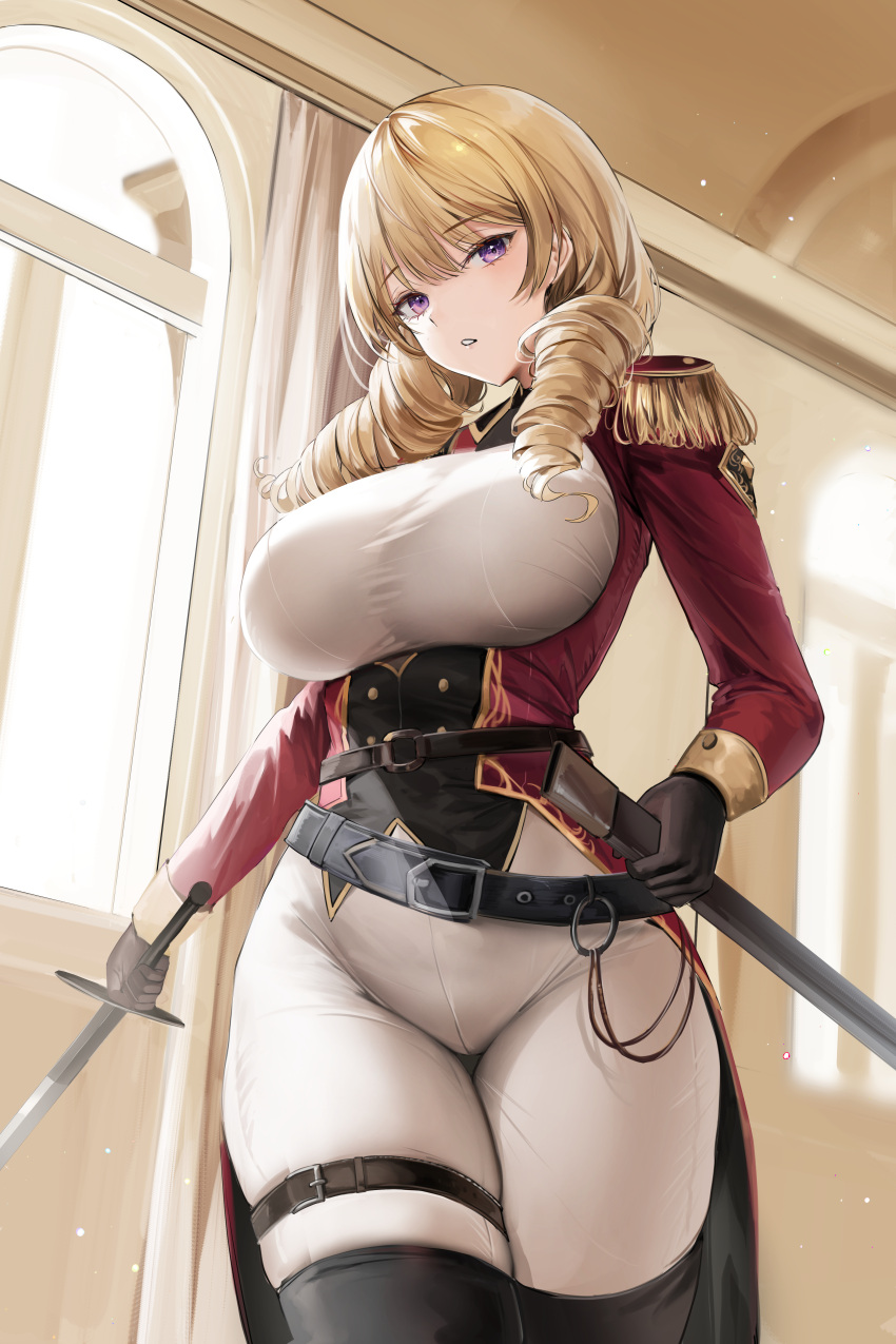 1girl absurdres bangs belt black_belt black_footwear black_gloves blonde_hair bodysuit boots breasts buckle coat cowboy_shot drill_hair epaulettes fringe_trim gloves hair_over_shoulder highres holding holding_sword holding_weapon large_breasts lillly long_sleeves looking_at_viewer medium_hair military military_uniform original pants parted_lips purple_eyes red_coat ringlets sidelocks solo sword taut_clothes thigh_belt thigh_boots thigh_strap tight tight_pants underbust uniform unsheathed weapon white_bodysuit white_pants