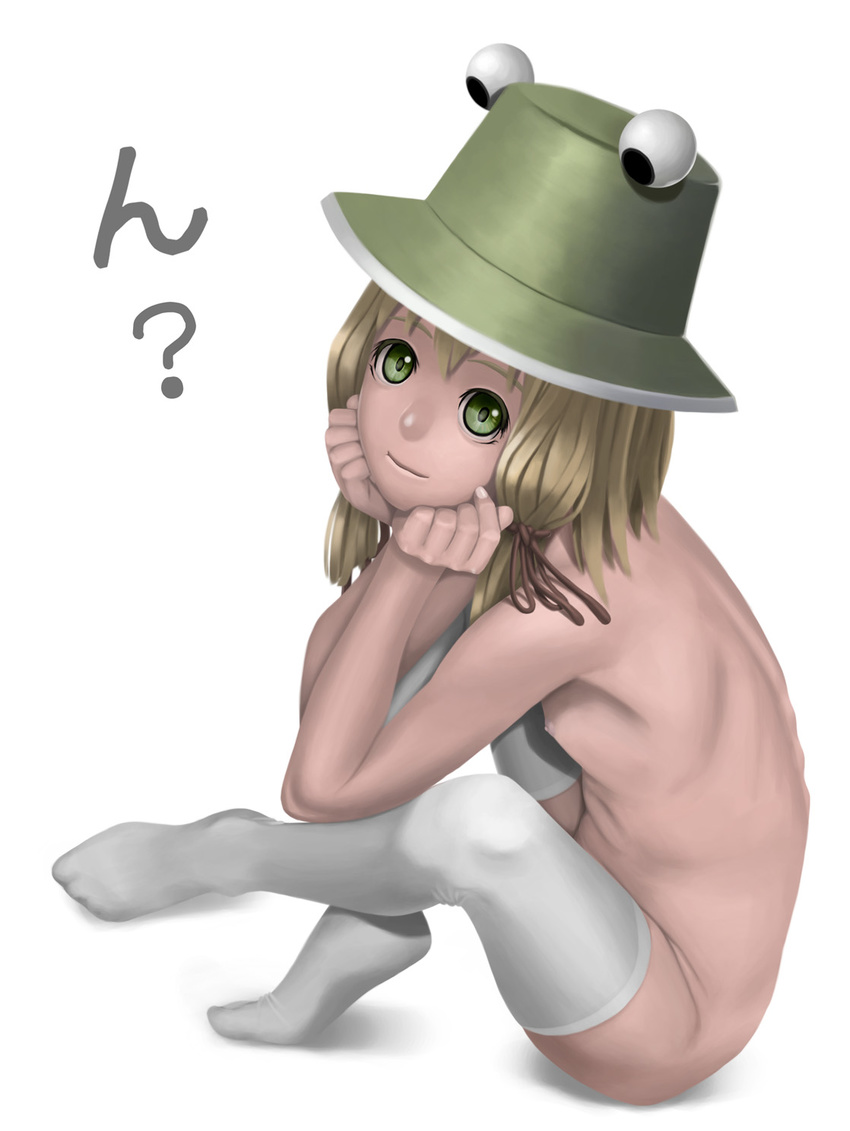 bad_id bad_pixiv_id blonde_hair chin_rest control5 crossed_legs eyes flat_chest green_eyes hands hat highres moriya_suwako nipples nude ribs simple_background sitting smile solo spine thighhighs touhou white_background white_legwear