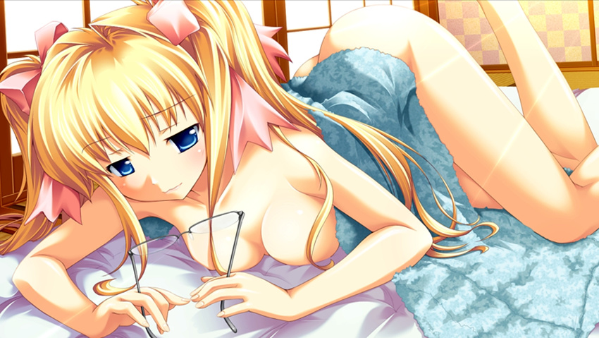 blonde_hair blue_eyes breasts doumyouji_sakura fue_(tsuzuku) game_cg glasses large_breasts light lying morning nude on_stomach solo towel twintails volume7