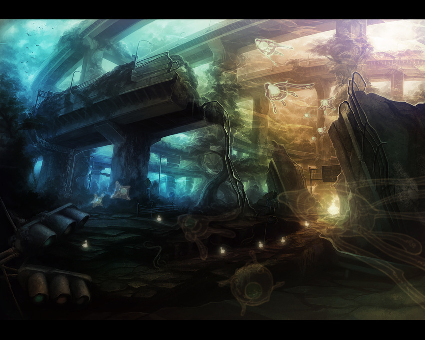 bad_pixiv_id chitose_rin highway jellyfish letterboxed no_humans original overpass ruins scenery traffic_light underwater