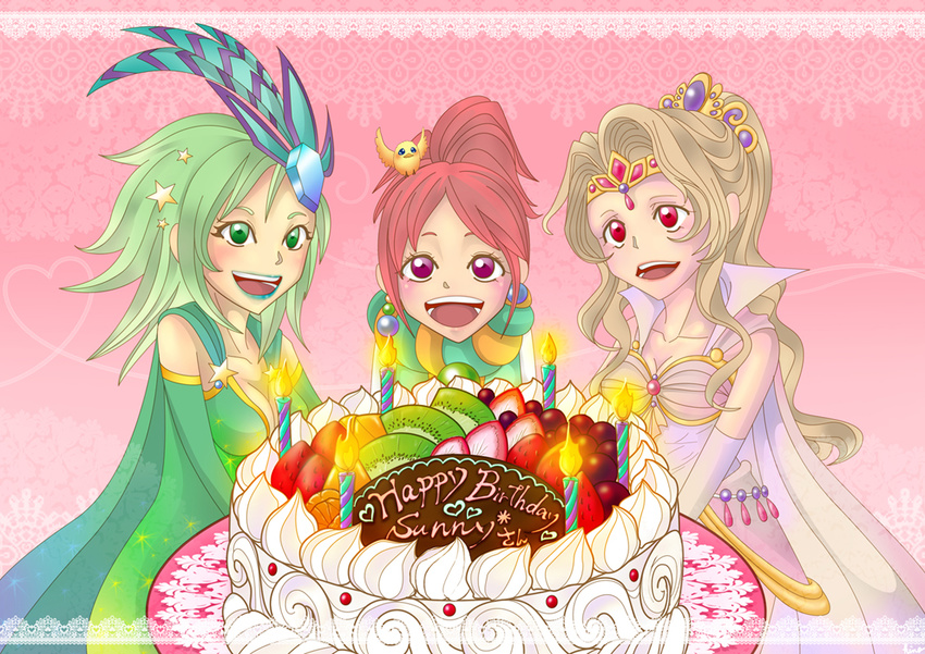 3girls ape blonde_hair brown_hair cake candle chocobo detached_sleeves earrings feather feathers female final_fantasy final_fantasy_iv food fruit green_eyes green_hair green_lips hair_ornament happy_birthday hino_makoto jewelry leotard long_hair multiple_girls open_mouth pink_lips ponytail porom purple_eyes red_eyes rosa_farrell rydia tiara