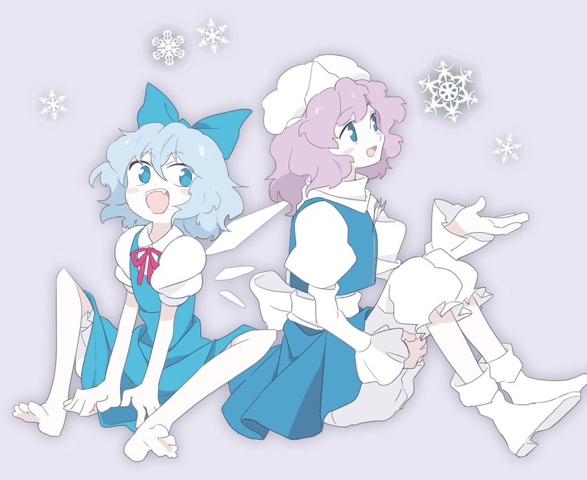 :d bad_id bad_pixiv_id barefoot boots cirno letty_whiterock maronii multiple_girls open_mouth simple_background sitting smile snowflakes touhou