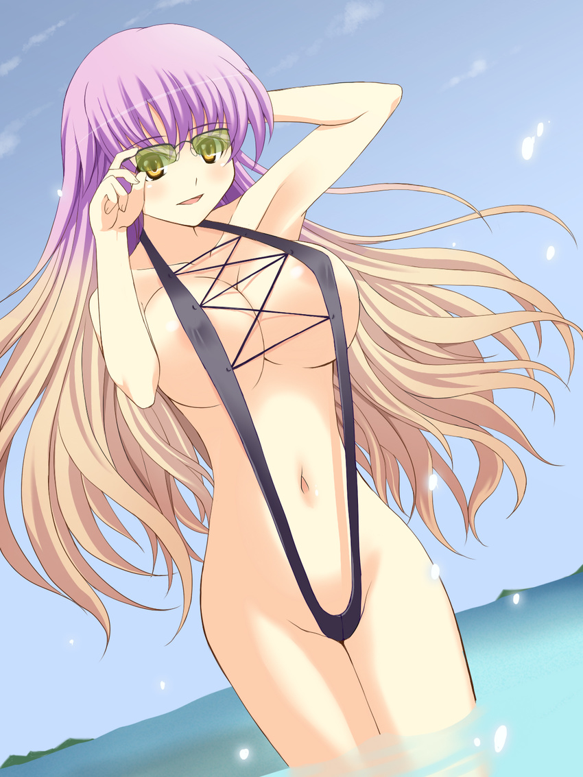 adjusting_eyewear breasts glasses gradient_hair highres hijiri_byakuren large_breasts long_hair multicolored_hair rick.black slingshot_swimsuit solo sunglasses swimsuit touhou yellow_eyes