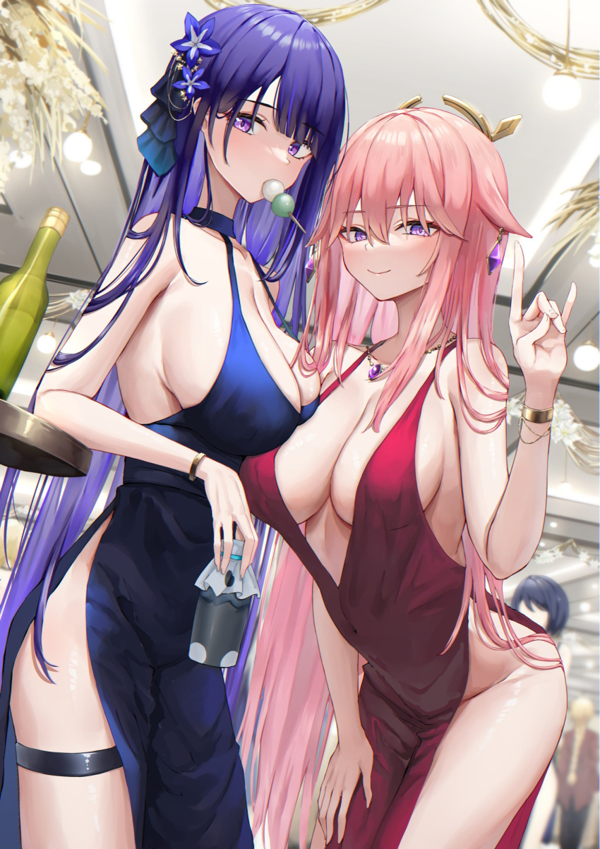 2girls alcohol alternate_costume animal_ears asymmetrical_docking bare_hips bare_shoulders blue_dress breast_press breasts cleavage collarbone cowboy_shot dress earrings floppy_ears food_in_mouth formal fox_ears genshin_impact hair_between_eyes hand_on_hip highres hip_vent indoors jewelry large_breasts leaning_forward long_hair looking_at_viewer mouth_hold multiple_girls necklace party pink_hair piripun plunging_neckline purple_eyes purple_hair raiden_shogun red_dress sideboob smile thigh_strap very_long_hair yae_miko