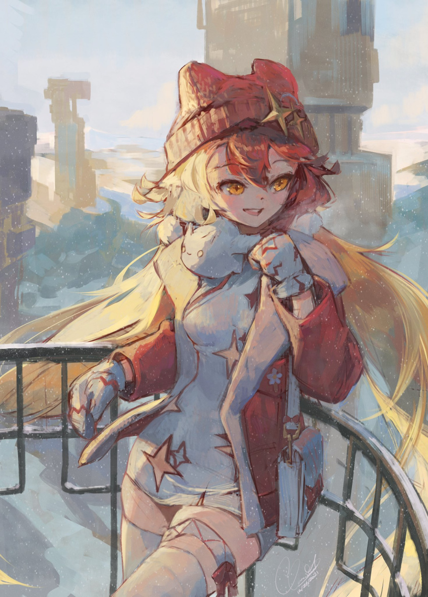 +_+ 1girl against_railing alchemy_stars bag bangs beanie blonde_hair blush breasts clarenceman0605 cowboy_shot dated dress gronru_(alchemy_stars) gronru_(naughty_or_nice)_(alchemy_stars) hair_ornament handbag hat highres jacket long_hair looking_to_the_side mittens open_clothes open_jacket open_mouth outdoors pom_pom_(clothes) pom_pom_hair_ornament railing red_eyes red_headwear red_jacket short_dress shoulder_bag signature small_breasts smile solo thigh_strap thighhighs white_dress white_thighhighs yellow_eyes