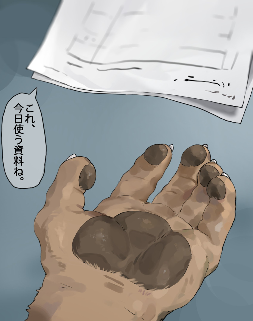 5_fingers anthro claws dialogue duo fingers first_person_view hi_res iwbsb_kuma male paper pawpads paws speech_bubble