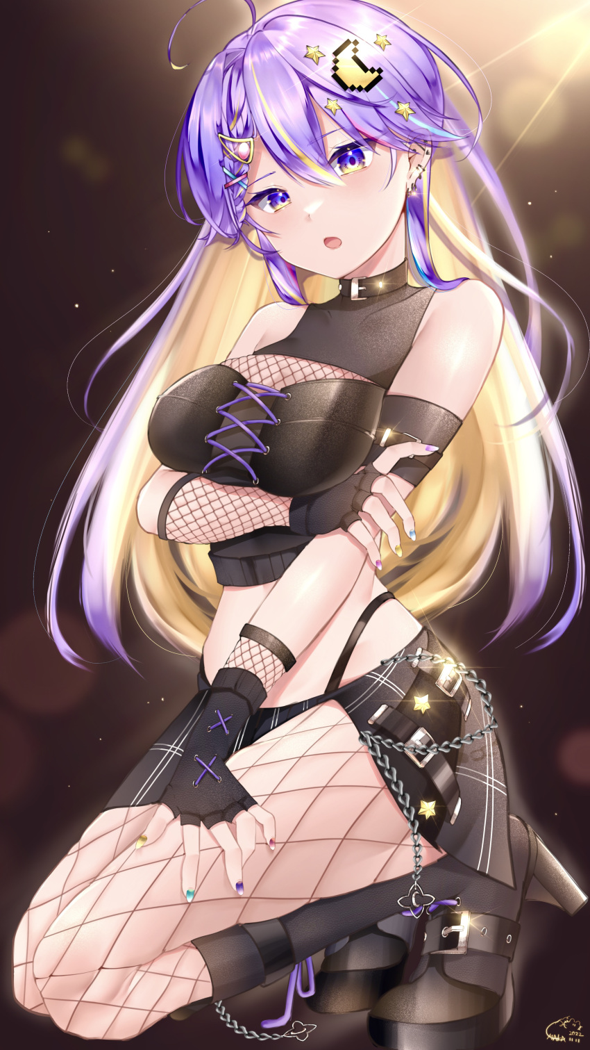 1girl :o absurdres ahoge arm_under_breasts backlighting bare_shoulders belt_buckle black_collar black_gloves blonde_hair breasts buckle chain collar colored_inner_hair crop_top ear_piercing earrings fingerless_gloves fishnet_gloves fishnet_pantyhose fishnets gloves gradient_eyes hair_ornament hairclip high_heels highres hololive hololive_indonesia jewelry large_breasts lens_flare long_hair maka_aratame midriff miniskirt moona_hoshinova multicolored_eyes multicolored_hair multicolored_nails multiple_earrings open_mouth panty_straps pantyhose piercing plaid plaid_skirt purple_eyes purple_hair skirt solo squatting star_(symbol) star_hair_ornament thighs two-tone_hair virtual_youtuber yellow_eyes