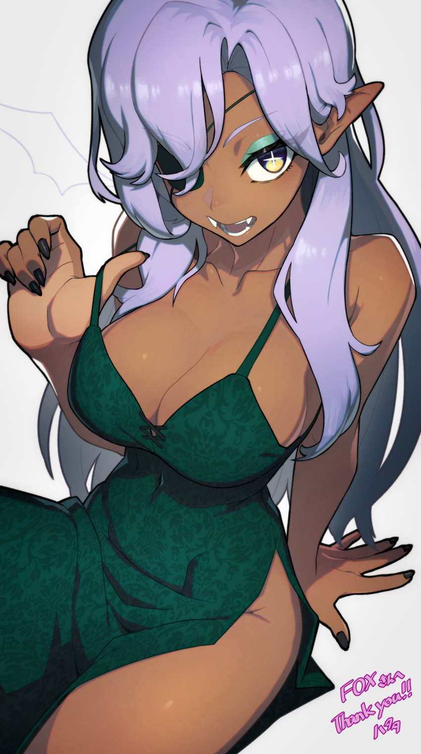 +_- 1girl arm_behind_back arm_support black_nails borrowed_character breasts cleavage collarbone commentary_request commission dark-skinned_female dark_skin dress eyepatch fangs fingernails floral_print green_dress green_eyes hata4564 highres large_breasts lifted_by_self long_fingernails long_hair looking_at_viewer nail_polish open_mouth original pointy_ears print_dress purple_hair side_slit sidelocks sitting skeb_commission solo strap_lift teeth thank_you thighs very_long_hair