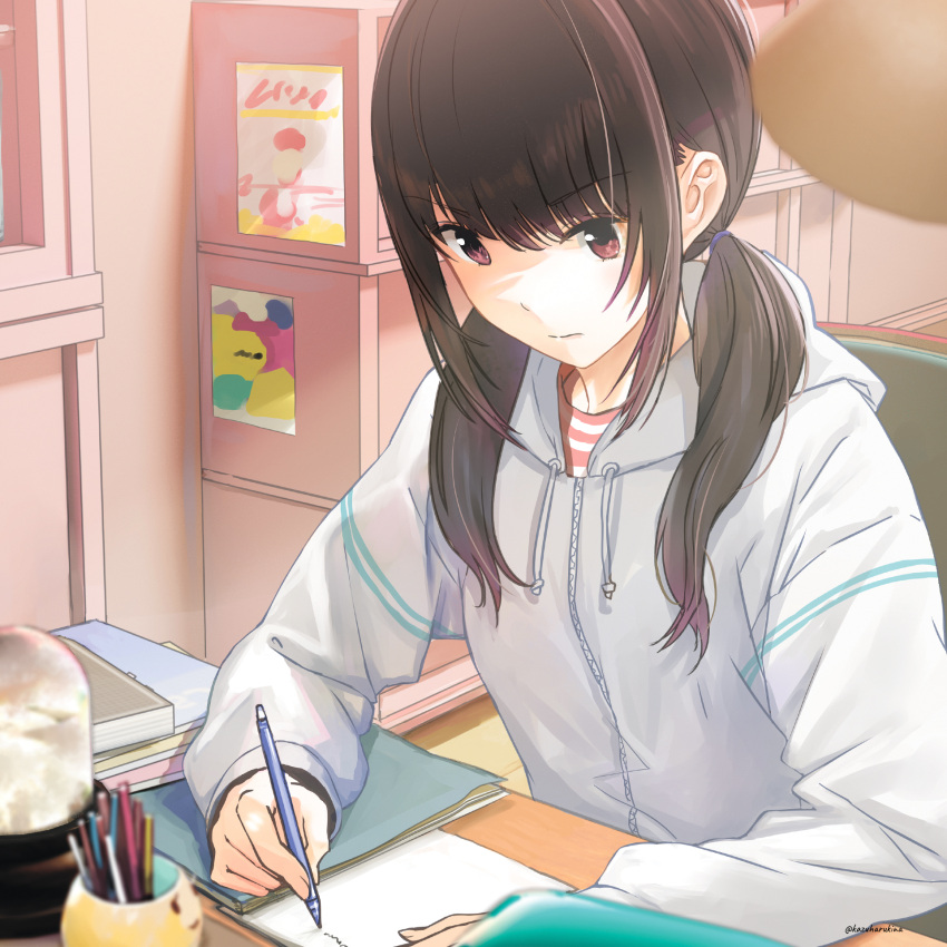 1girl black_hair commentary_request from_side grey_hoodie grey_sweater highres holding holding_pen hood hoodie indoors kazuharu_kina low_twintails medium_hair notebook original pen sitting solo sweater twintails upper_body