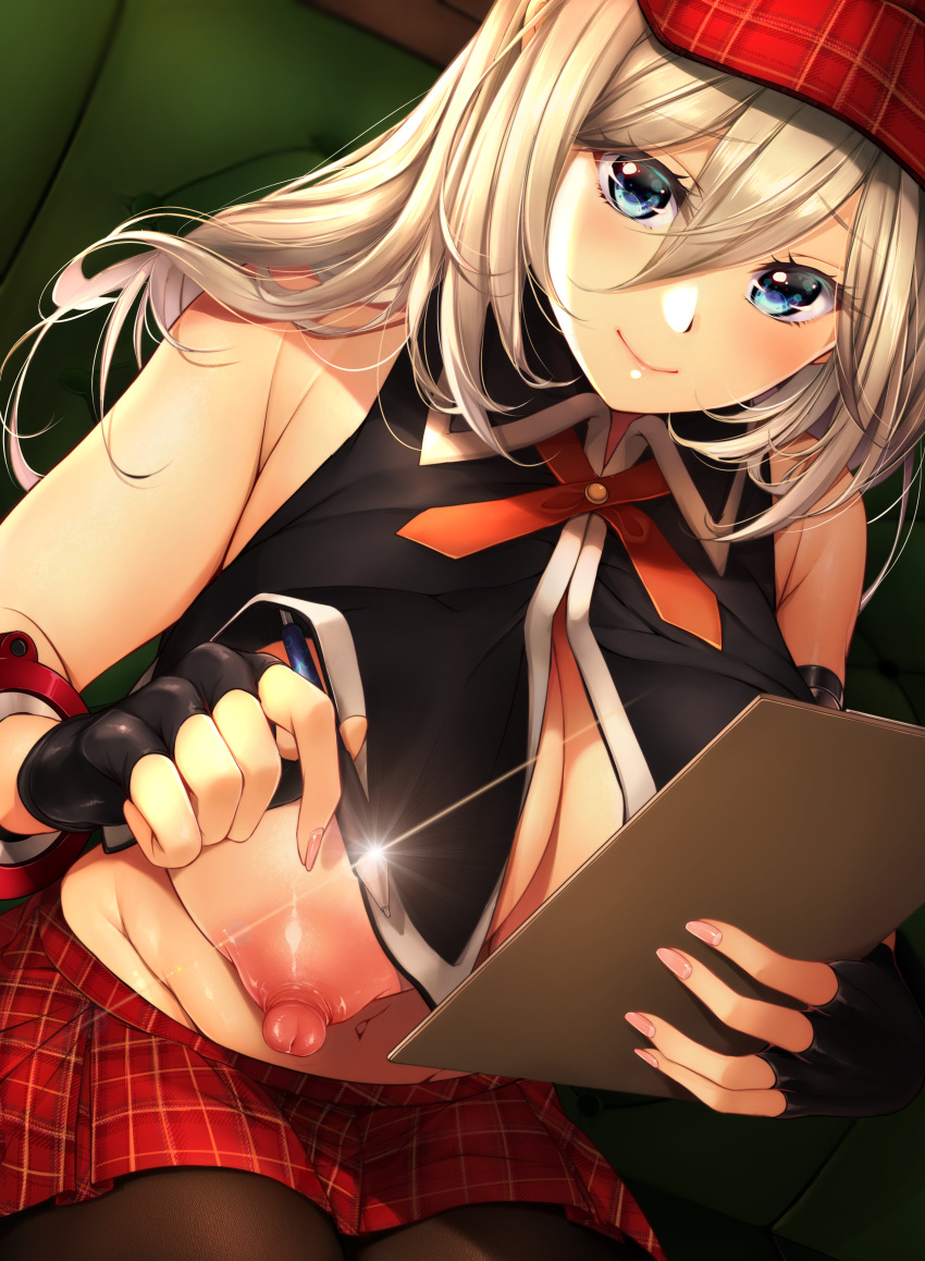 1girl absurdres alisa_ilinichina_amiella bangs bare_shoulders black_gloves blonde_hair blue_eyes blush breasts brown_pantyhose clipboard closed_mouth couch crop_top fingerless_gloves fingernails gloves god_eater hair_between_eyes hat highres holding holding_clipboard holding_pen huge_breasts long_fingernails long_hair looking_at_viewer mia_(gute-nacht-07) miniskirt nail_polish navel nipple_slip nipples on_couch pantyhose pen pink_nails plaid plaid_headwear plaid_skirt pleated_skirt red_headwear red_skirt revealing_clothes sitting skirt sleeveless smile solo