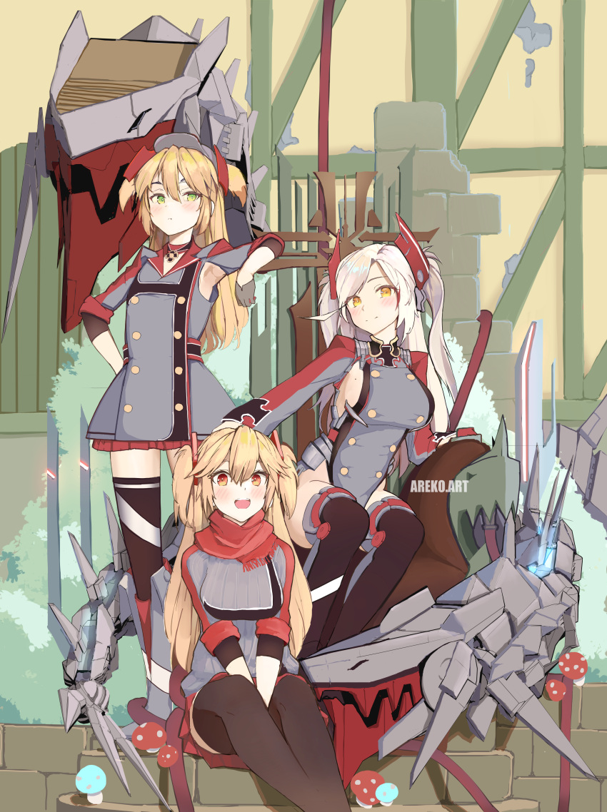 3girls absurdres admiral_hipper_(azur_lane) arescr armpit_cutout artist_name azur_lane bangs black_thighhighs blonde_hair bluecher_(azur_lane) blush breasts closed_mouth clothing_cutout cross dress english_commentary gloves green_eyes grey_hair hair_between_eyes highres iron_cross long_hair looking_at_viewer machinery medium_breasts multiple_girls mushroom open_mouth orange_eyes pleated_skirt prinz_eugen_(azur_lane) red_eyes side_cutout sideboob sitting skirt small_breasts smile standing thighhighs two_side_up white_hair