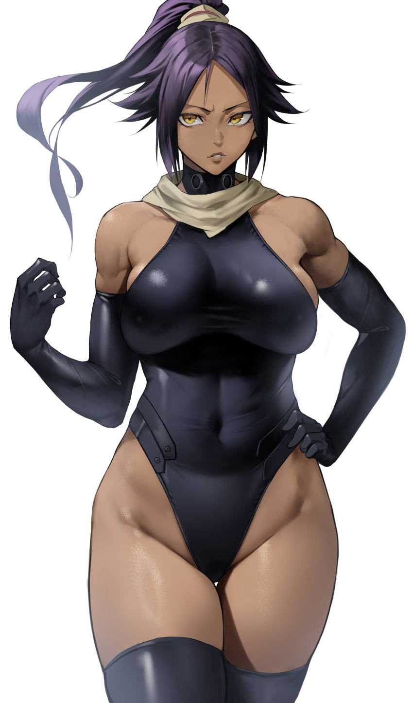 1girl absurdres bare_shoulders black_gloves black_hair black_leotard black_thighhighs bleach breasts covered_navel dark-skinned_female dark_skin elbow_gloves gloves hand_on_hip highres large_breasts leotard lips parted_lips pony ponytail shihouin_yoruichi short_hair simple_background standing thigh_gap thighhighs thighs toned white_background yellow_eyes yoshio_(55level)
