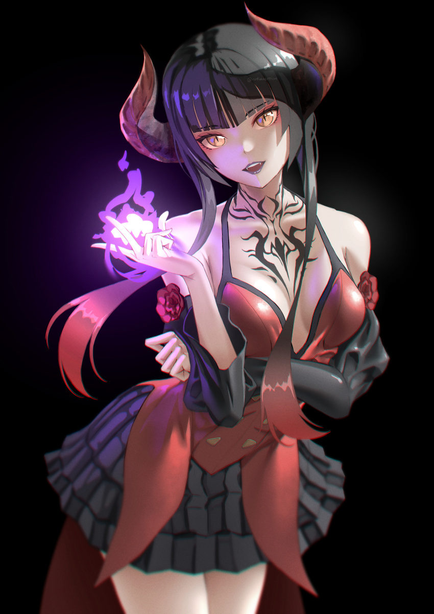 1girl :d absurdres arm_across_waist bangs black_background black_hair black_skirt black_sleeves blunt_bangs breasts brown_eyes chest_tattoo commentary commission cowboy_shot demon_horns detached_sleeves dress eliza_(tekken) english_commentary fangs gradient_hair hand_up highres horns leaning_forward lipstick long_hair long_sleeves looking_at_viewer magic makeup medium_breasts miniskirt mixed-language_commentary multicolored_hair neck_tattoo notinversion open_mouth purple_lips red_dress red_hair short_dress short_hair_with_long_locks simple_background skirt sleeveless sleeveless_dress slit_pupils smile solo tattoo tekken tekken_7 tsurime vampire