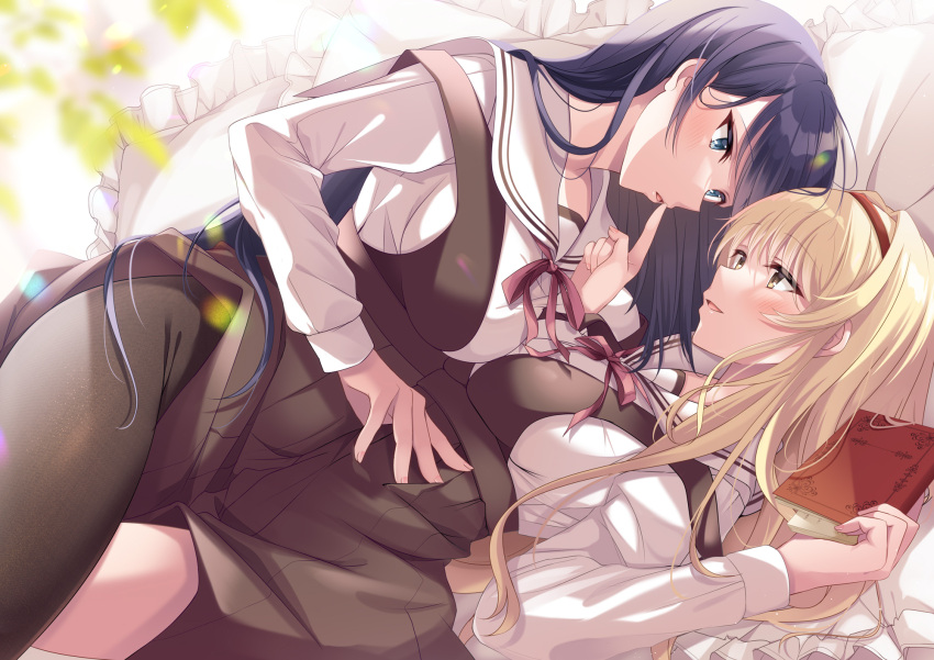 2girls akatsuki_(aktk511) black_hair blonde_hair book breasts eye_contact finger_to_another's_mouth girl_on_top hairband highres holding holding_book large_breasts looking_at_another lying multiple_girls on_back open_mouth original pillow sailor_collar school_uniform serafuku yuri