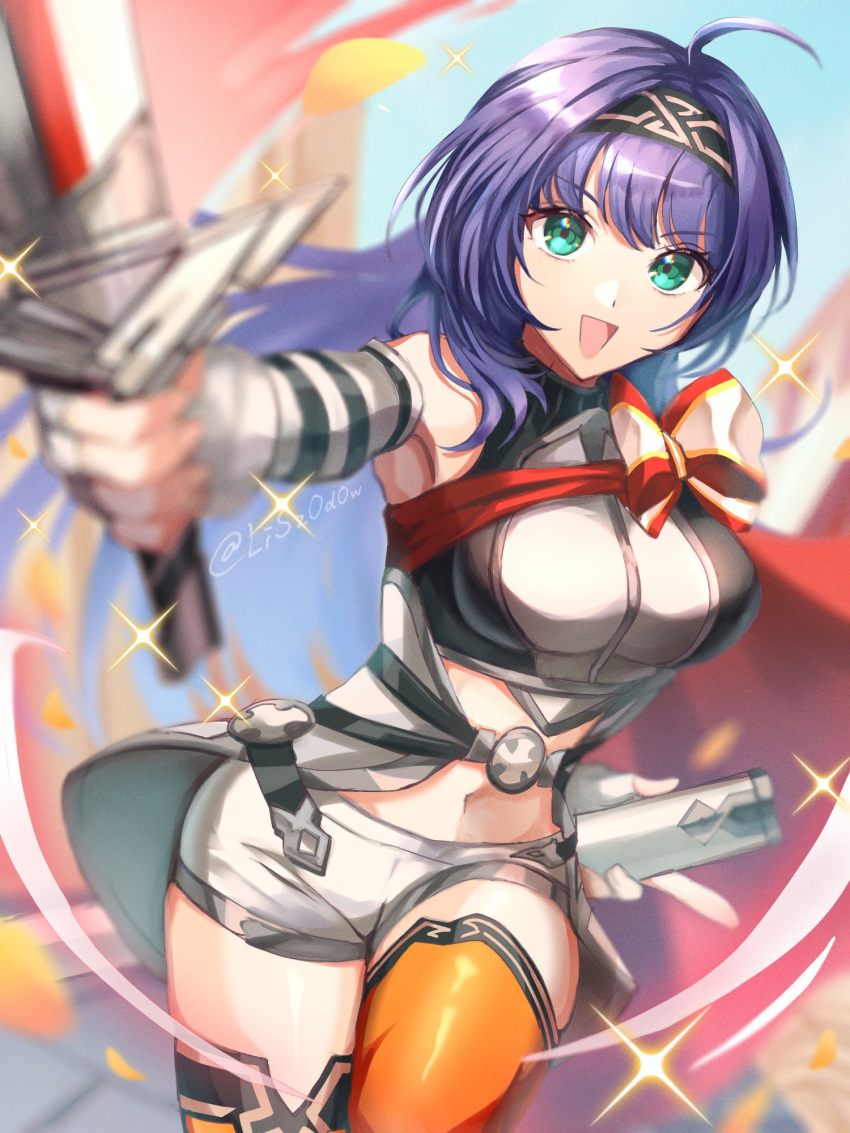 1girl :d armband belt belt_buckle blue_eyes blue_hair blurry blurry_background buckle cape detached_sleeves fingerless_gloves fire_emblem fire_emblem:_path_of_radiance fire_emblem_heroes foreshortening gloves grey_gloves headband highres holding holding_sheath holding_sword holding_weapon liszodow long_hair looking_at_viewer mia_(fire_emblem) midriff navel official_alternate_costume open_mouth red_cape ribbon sheath short_shorts shorts smile solo sparkle sword thighhighs thighs unsheathed watermark weapon wristband