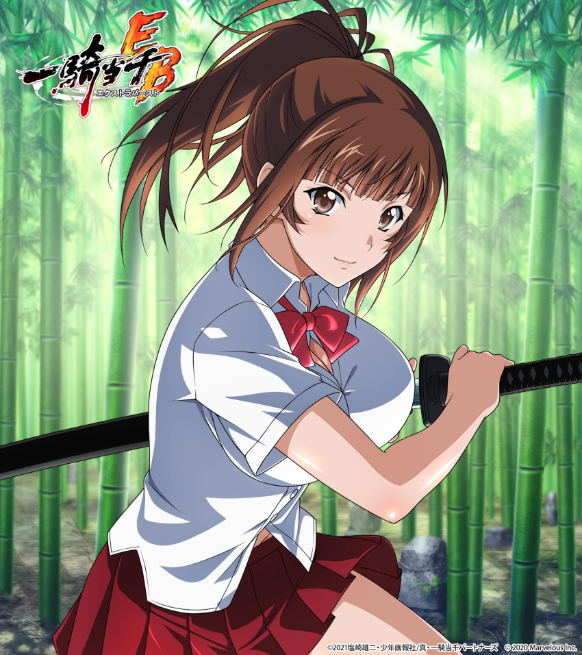 1girl bamboo bamboo_forest bangs blunt_bangs bow bowtie breasts brown_eyes brown_hair closed_mouth collared_shirt copyright_name day dress_shirt floating_hair forest groin highres holding holding_sheath holding_sword holding_weapon ikkitousen katana large_breasts long_hair miniskirt nature official_art outdoors pleated_skirt red_bow red_bowtie red_skirt school_uniform sheath shiny shiny_hair shirt skirt smile solo sword unsheathing weapon white_shirt wing_collar yagyu_mitsuyoshi