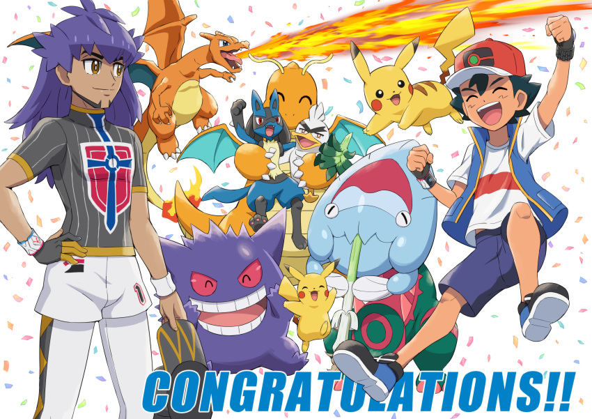 absurdres ash_ketchum bangs baseball_cap black_hair blue_dress champion_uniform charizard claws dark-skinned_male dark_skin denim dracovish dragonite dress facial_hair flame-tipped_tail gengar hat highres jacket jeans leon_(pokemon) long_hair lucario open_mouth pants pikachu pokemoa pokemon pokemon_(anime) pokemon_(creature) pokemon_journeys purple_hair shirt shorts sirfetch'd smile t-shirt wing_collar yellow_eyes