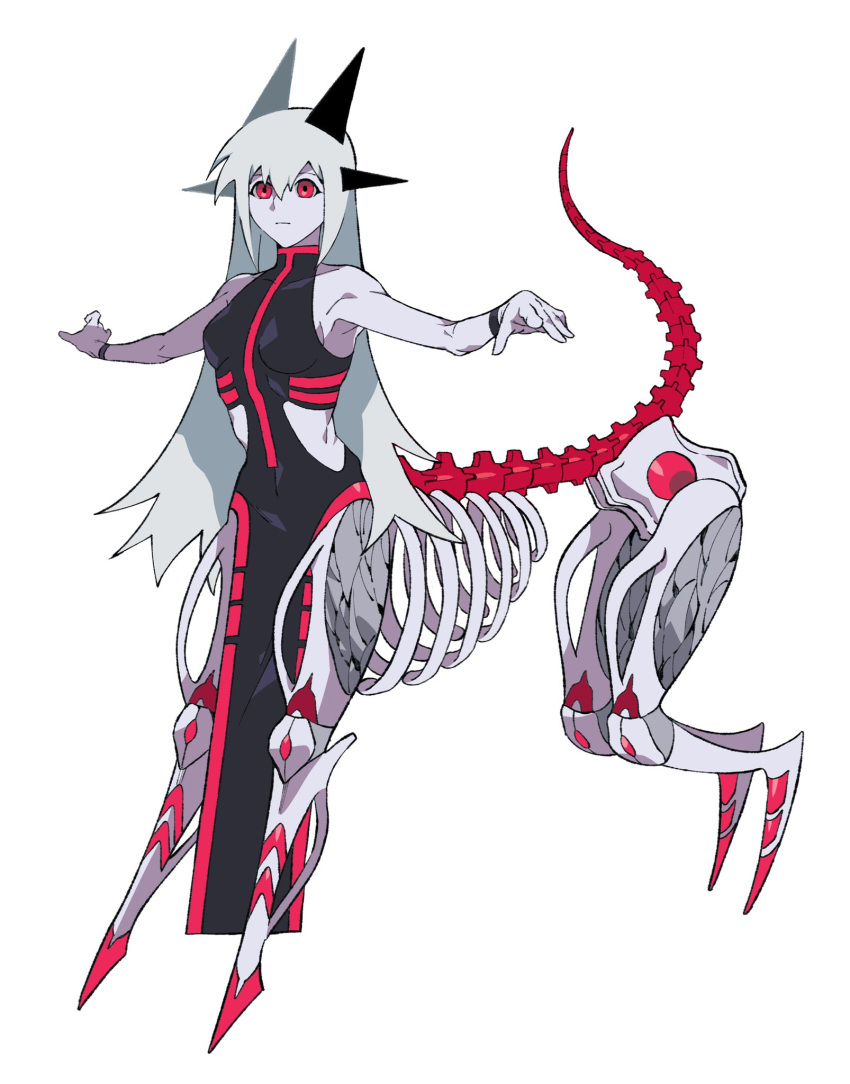1girl bangs bare_shoulders between_breasts black_dress breasts centaur colored_skin covered_navel digitigrade dress exposed_bone exposed_muscle full_body grey_hair grey_skin highres horns korean_commentary long_hair looking_at_viewer monster_girl multiple_horns now_drawing original outstretched_arms pelvic_curtain red_eyes ribs side_cutout simple_background skin_tight sleeveless sleeveless_dress solo spine spread_arms standing taur toned very_long_hair white_background wristband