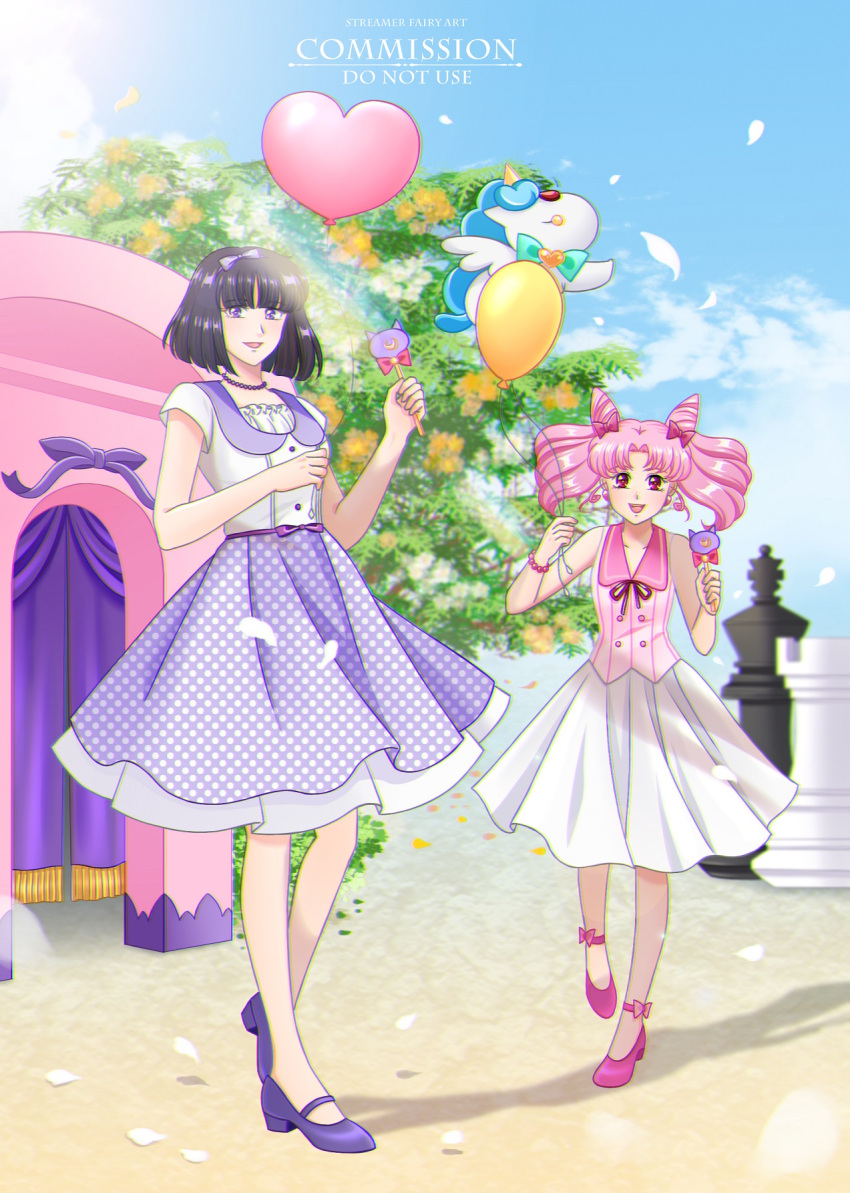 2girls alternate_costume balloon bishoujo_senshi_sailor_moon board_game bow buttons candy chess chess_piece chibi_usa collar collared_shirt commission dress dress_shirt food hair_bow heart_balloon high_heels highres jewelry king_(chess) koya lollipop multiple_girls neck_ribbon necklace pink_bow pink_collar pink_footwear pink_shirt purple_bow purple_collar purple_footwear purple_skirt ribbon rook_(chess) shirt short_sleeves skirt sleeveless sleeveless_dress smile tomoe_hotaru tree unicorn_balloon white_skirt