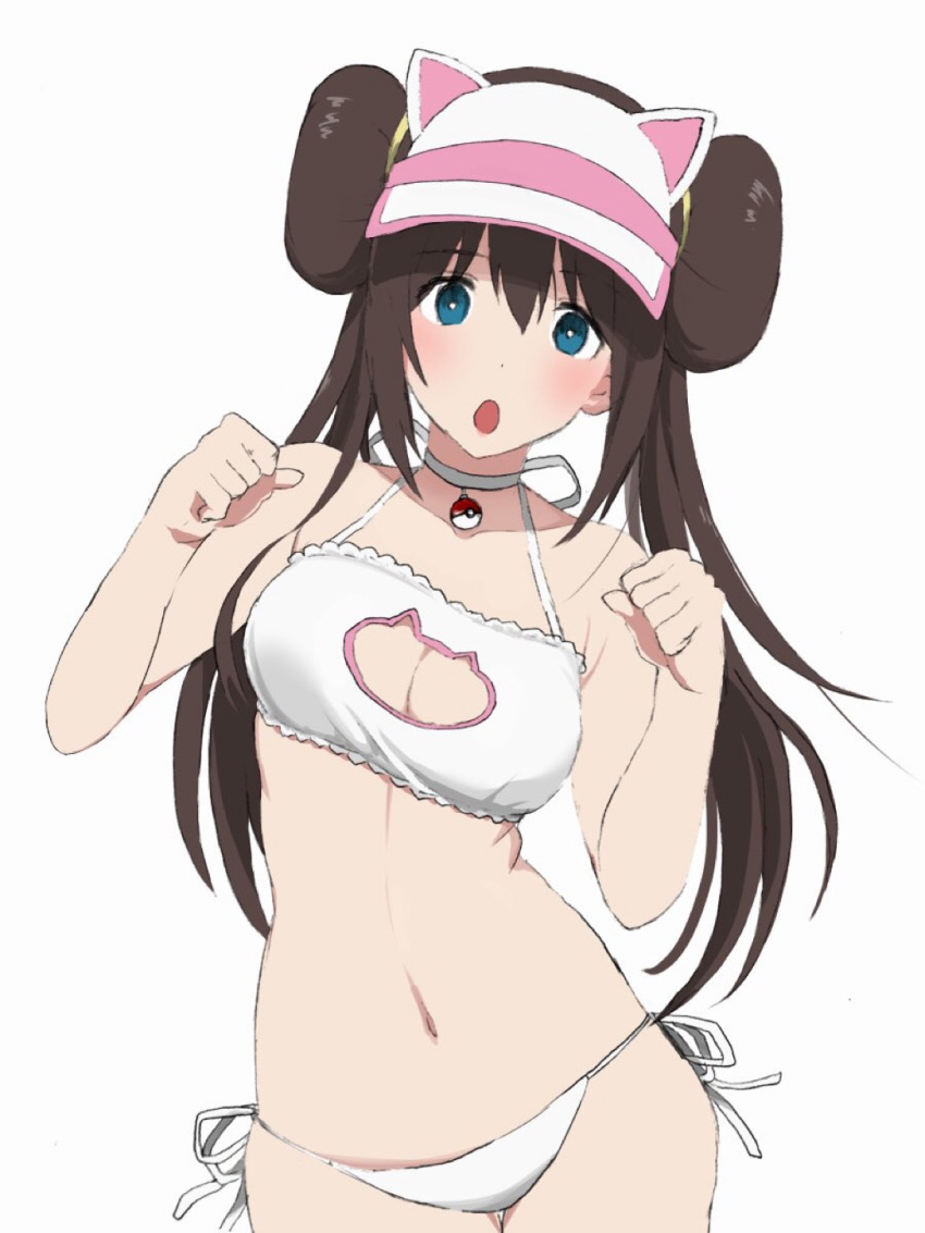 1girl :o animal_ears bangs bare_arms blue_eyes bra breasts brown_hair cat_cutout cat_ears cat_lingerie choker cinderella_bust cleavage cleavage_cutout clothing_cutout collarbone double_bun fake_animal_ears floating_hair hair_between_eyes hair_bun highres long_hair looking_at_viewer medium_breasts meme_attire navel nishikino_kee open_mouth panties poke_ball pokemon pokemon_(game) pokemon_bw2 ribbon ribbon_choker rosa_(pokemon) shiny shiny_hair side-tie_panties simple_background solo standing thigh_gap underwear underwear_only very_long_hair visor_cap white_background white_bra white_panties white_ribbon