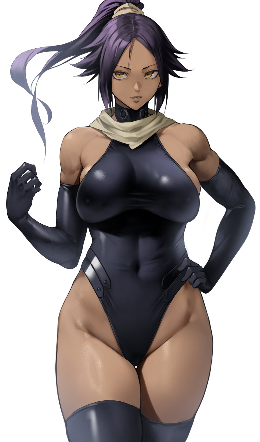 1girl absurdres bare_shoulders black_gloves black_hair black_leotard black_thighhighs bleach breasts covered_navel dark-skinned_female dark_skin elbow_gloves floating_hair gloves hand_on_hip highleg highleg_leotard highres large_breasts leotard lips parted_lips pony ponytail purple_hair revision shihouin_yoruichi short_hair simple_background standing thigh_gap thighhighs thighs toned white_background yellow_eyes yoshio_(55level)
