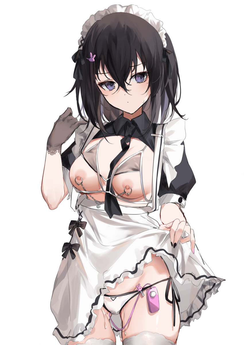 1girl absurdres apron apron_lift between_breasts black_bow black_hair black_nails bow bra breasts commentary_request cowboy_shot cupless_bra dot_mouth dot_nose frilled_apron frills gloves grey_gloves hair_between_eyes hair_ornament hand_up highres lace-trimmed_gloves lace_trim linked_piercing looking_at_viewer maid maid_apron maid_headdress medium_breasts miyasaka_miyabi nail_polish necktie nipple_chain nipple_piercing nipples original panties piercing pink_nails purple_eyes pussy_juice remote_control_vibrator sex_toy short_sleeves shrug_(clothing) side-tie_panties simple_background single_glove solo sweatdrop thighhighs underwear vibrator vibrator_under_clothes vibrator_under_panties white_apron white_background white_panties white_thighhighs