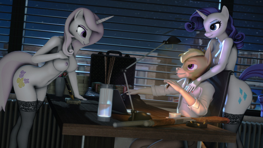 3d_(artwork) absurd_res anthro asinus backrub briefcase cigarette clothing crime digital_media_(artwork) donkey equid equine fleur_de_lis_(mlp) french friendship_is_magic gun hasbro hi_res legwear mammal money my_little_pony nicky_equeen night nude office ranged_weapon rarity_(mlp) shotgun source_filmmaker stockings suggestive syndicate weapon