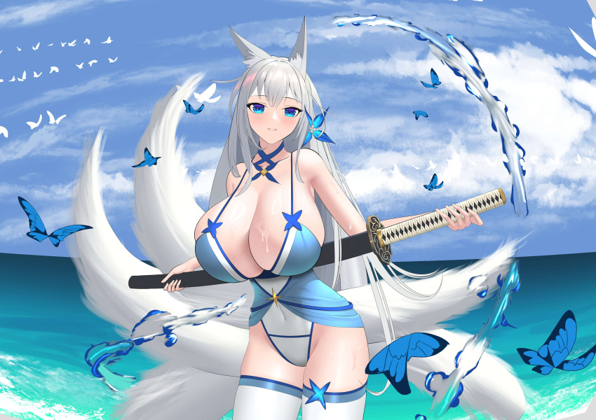 1girl absurdres alternate_costume azur_lane bird blue_butterfly breasts bug butterfly day guokui highres holding holding_sword holding_weapon huge_breasts kitsune long_hair multiple_tails outdoors sheath sheathed shinano_(azur_lane) solo standing sword sword_behind_back tail thighhighs very_long_hair water weapon white_bird white_hair white_tail white_thighhighs