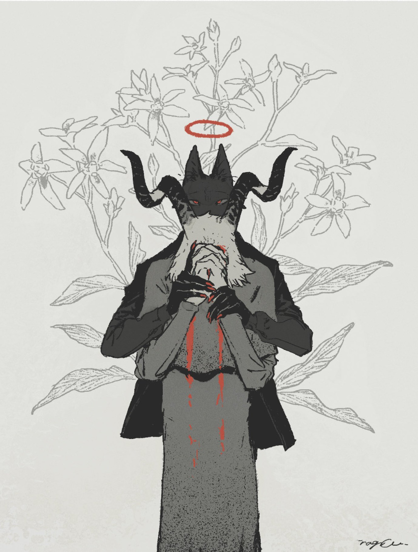 anthro blood blood_on_clothing bodily_fluids bovid canid canine canis caprine caprine_demon clothing coyote demon duo flower goat_demon halo hi_res horn male mammal mucknagabe plant praying priest