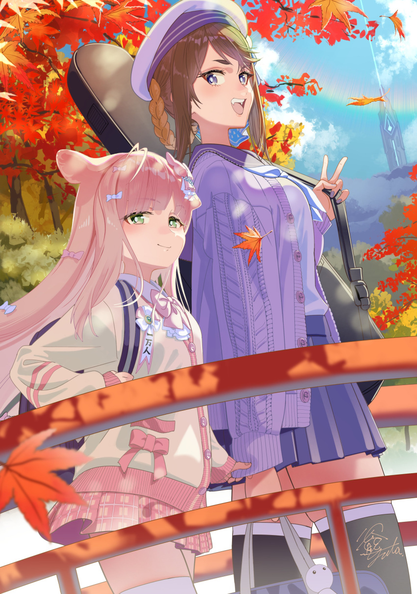 2girls absurdres animal_ears autumn_leaves bangs beret blue_neckerchief bow breasts brown_hair cardigan chiho_(vtuber) cloud fangs floating_hair from_side green_eyes hat highres indie_virtual_youtuber leaf long_hair looking_at_viewer maple_leaf medium_breasts multicolored_hair multiple_girls musubuno_ribbon neckerchief open_mouth pink_bow pink_hair purple_eyes purple_headwear purple_nails purple_shirt purple_sweater sandal_master school_uniform shirt short_hair sidelocks single_hair_ring sky smile sweater two-tone_hair virtual_youtuber walking yellow_cardigan