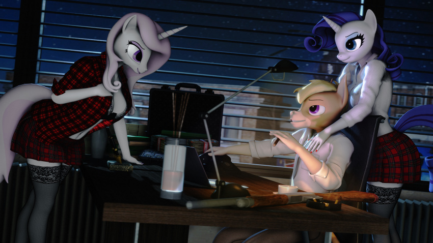 3d_(artwork) absurd_res anthro asinus backrub briefcase cigarette clothing crime digital_media_(artwork) donkey equid equine fleur_de_lis_(mlp) french friendship_is_magic gun hasbro hi_res legwear mammal money my_little_pony nicky_equeen night office ranged_weapon rarity_(mlp) shotgun source_filmmaker stockings suggestive syndicate weapon