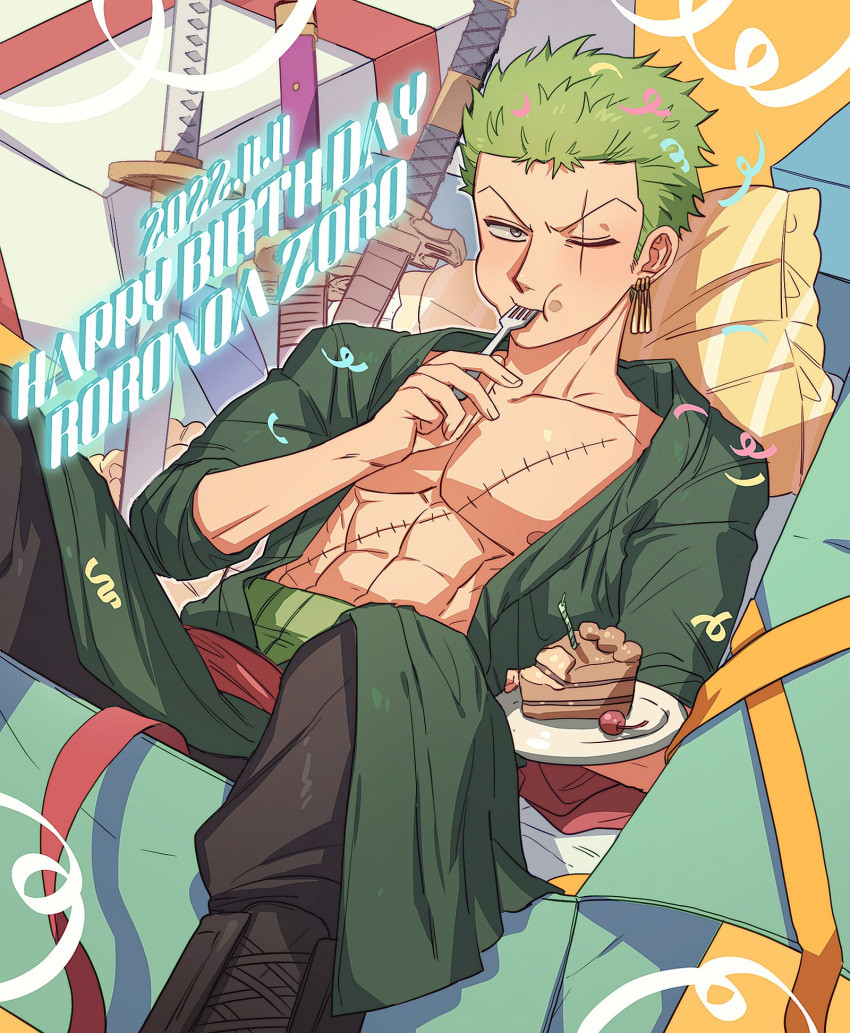 1boy abs cake cake_slice confetti dol_ishi earrings eating food fork gift green_hair grey_eyes happy_birthday haramaki highres holding holding_food holding_fork jewelry looking_at_viewer lying male_focus multiple_swords on_back one_eye_closed one_piece pillow roronoa_zoro scar scar_across_eye scar_on_chest sheath sheathed short_hair solo sword weapon