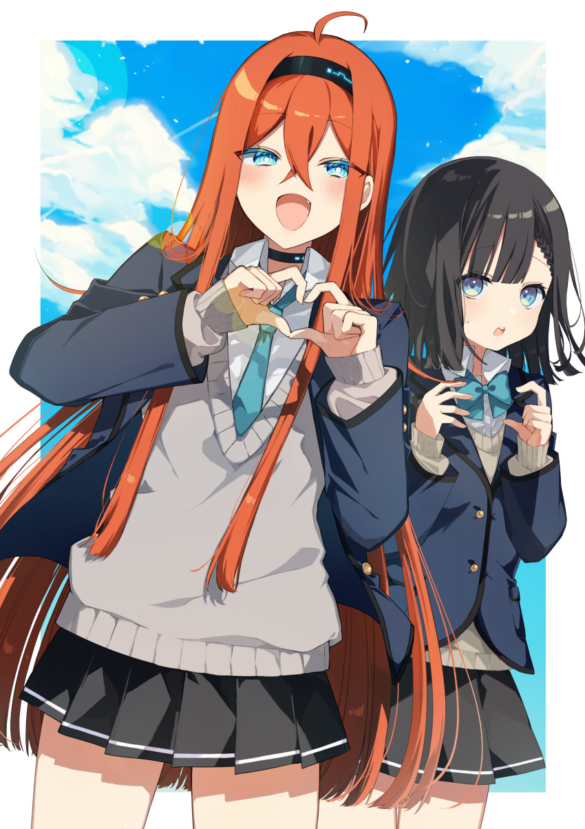 2girls :d :o absurdres ahoge black_hair black_hairband black_skirt blazer blue_bow blue_eyes blue_jacket blue_necktie blue_sky blush bow brown_sweater cloud collared_shirt commentary_request copyright_request day fang grey_sweater hairband hands_up heart heart_hands highres jacket long_hair long_sleeves looking_at_viewer multiple_girls necktie open_clothes open_jacket orange_hair outdoors pleated_skirt puffy_long_sleeves puffy_sleeves school_uniform shirt skirt sky sleeves_past_wrists smile sofra standing sweat sweater teeth upper_teeth very_long_hair white_shirt