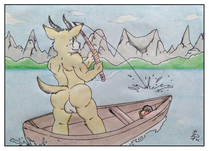 antelope antelope_horn anthro athletic athletic_anthro athletic_male backsack balls big_butt blue_eyes bodily_fluids border bovid bovid_horn butt cheek_tuft cloud dashthefox facial_tuft fishing fishing_line fishing_rod food fruit gazelle gazelle_horn gazelle_tail genitals hi_res horn lake lakeside male mammal mountain muscular nature nature_background naturist nude plant rear_view ship smile solo sweat sweatdrop tail_tuft traditional_media_(artwork) tuft vehicle watercraft white_border wooden